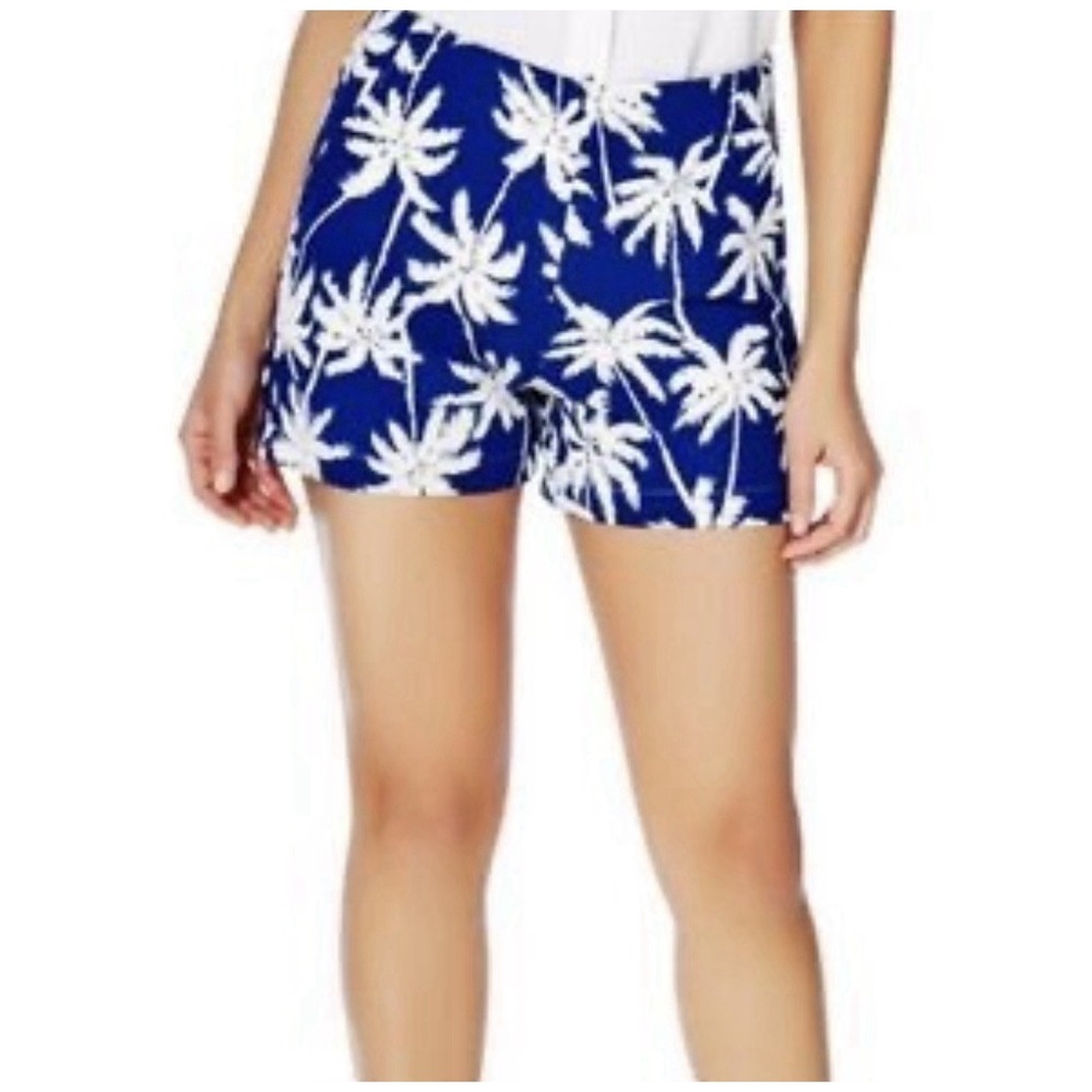 JustFab Women's Shorts Blue White Palm Tree Tropical Print Resort Casual 12